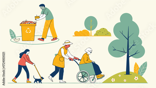 People doing community work such as cleaning, walking dog, and pushing wheelchair