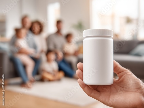Family wellness journey labelfree white plastic supplement tub at home lifestyle warm environment close-up view for health