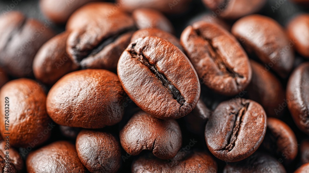 Naklejka premium Close-up of roasted coffee beans, showcasing texture and rich color.
