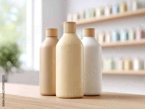 Elegant product shot of matte plastic bottles in beige and cream tones bright studio setting modern aesthetic focus