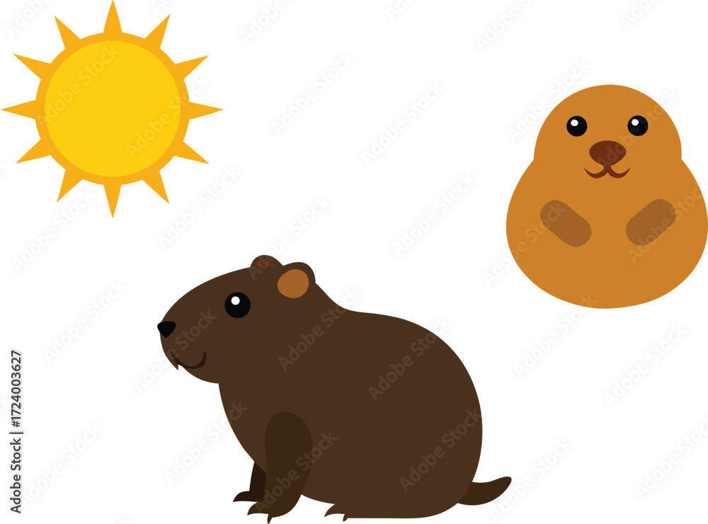Fototapeta premium Groundhog day celebration vector illustration with sun and two groundhogs scalable eps icon vector