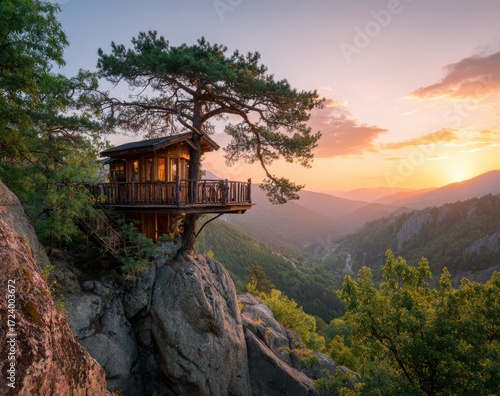 Wallpaper Mural Wooden cabin perched on a cliff at sunset Torontodigital.ca