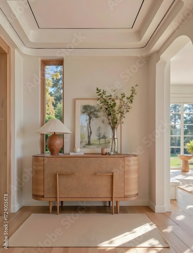Elegant and Bright Entryway Interior with Modern Wooden Console Table, Minimalist Decor, and Abundant Natural Light