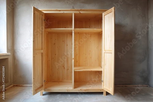 Empty light-colored wooden wardrobe against a light beige wall