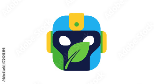Robot face with leaf, symbolizing technology and nature integration.