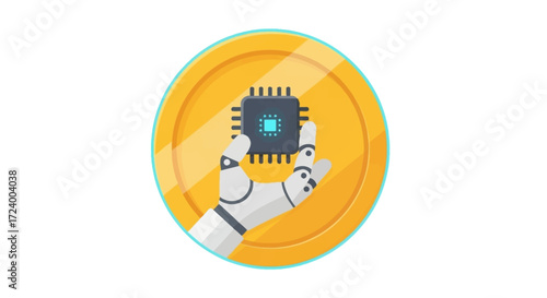 Robot Hand Holding Microchip on Gold Coin - AI and Cryptocurrency Concept.