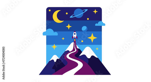 Rocket Launching into Space Above Mountains and Stars at Night.