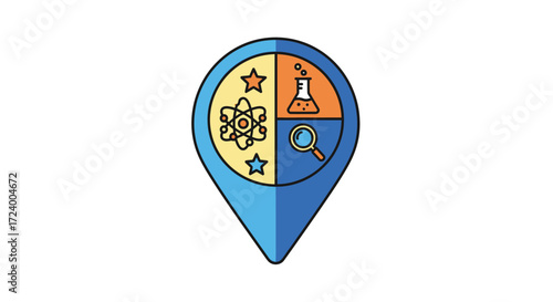 Science and Research Location Icon with Atom and Magnifying Glass.
