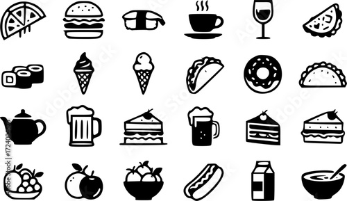 Hand-drawn vector icons set for food and drink including coffee, tea, and pizza, perfect for restaurant kitchen menus and designs.