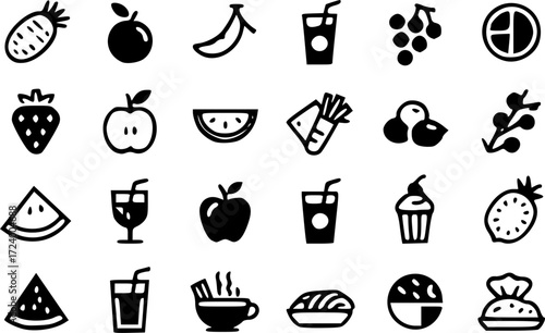 Hand-drawn vector icons set for food and drink including coffee, tea, and pizza, perfect for restaurant kitchen menus and designs.