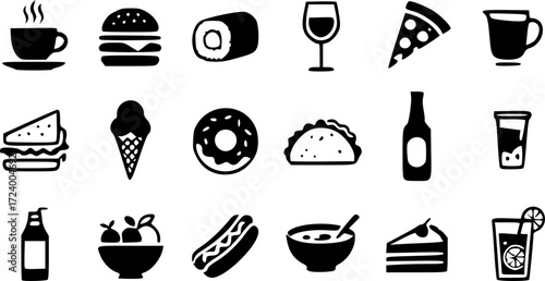 Hand-drawn vector icons set for food and drink including coffee, tea, and pizza, perfect for restaurant kitchen menus and designs.