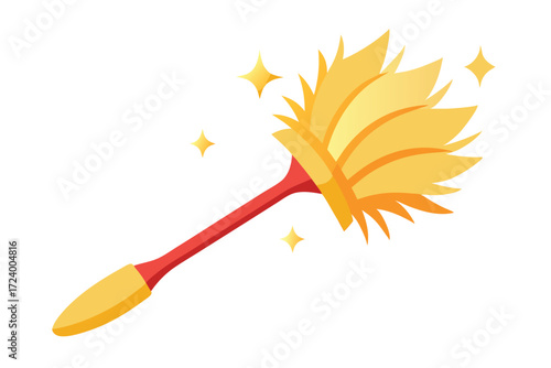 Duster with a red handle cleans, causing surrounding stars to sparkle gently on white