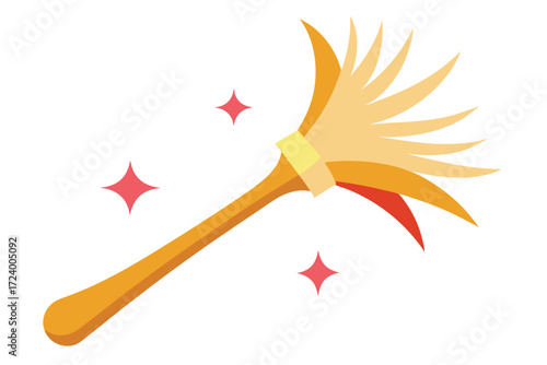 Yellow feather duster rests amid red stars on a pristine, isolated white background
