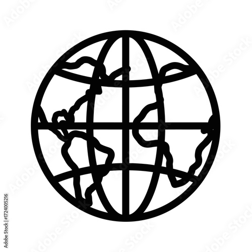 Line art globe icon, world map, continents, meridians, parallels.