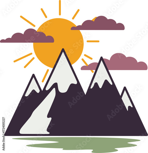 Stylized mountain landscape, orange sun, purple clouds, snowcapped peaks, green terrain, minimal nature art, bold colors, scenic sunrise illustration