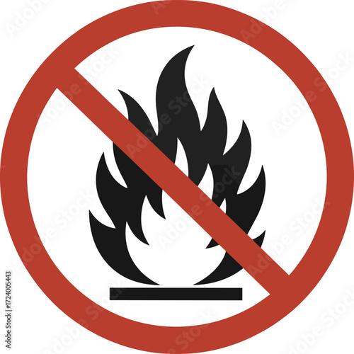 No open flames symbol, fire safety icon, hazard warning sign, flammable zone alert, red circle crossed flame illustration