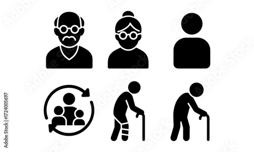 Generations icon set featuring elderly figures and family symbols for diverse design uses