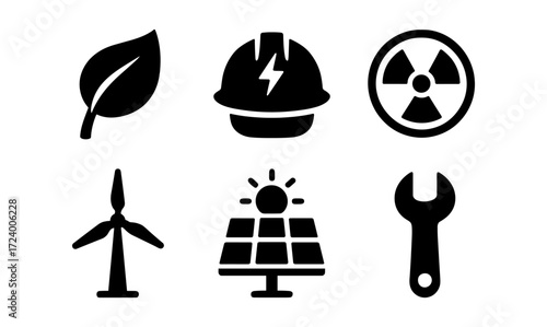 Energy icon set featuring solar, wind, and nuclear symbols for sustainable design projects