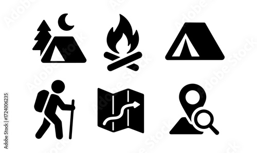 Outdoor adventure and exploration icons for camping and hiking enthusiasts