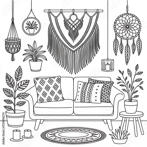 Bohemian macrame wall hanging line art for home decor