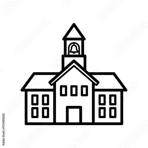 Line drawing of a school building with a bell tower.