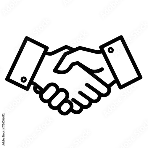 Line art drawing of two hands shaking in agreement.