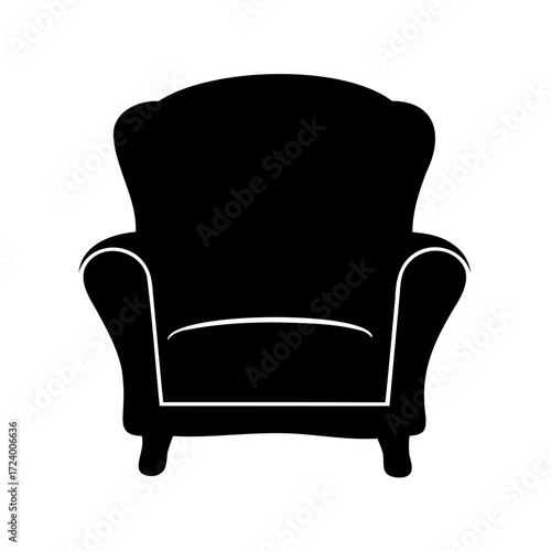 Elegant black armchair with white outline, simple design, isolated on white