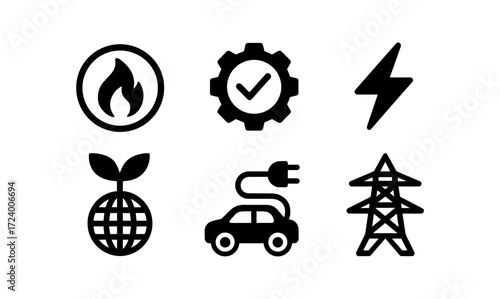 Sustainable energy icons featuring electric car, wind energy, and eco-friendly concepts for design