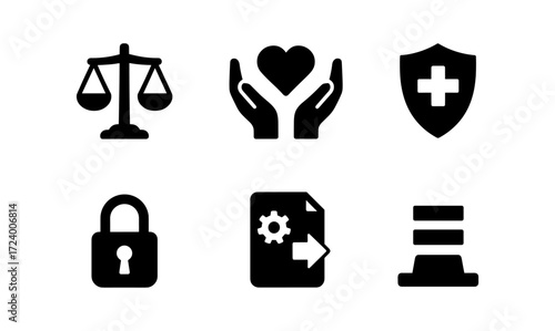 Collection of ideal concept icons: balance, care, protection, security, settings, and steps for design and communication