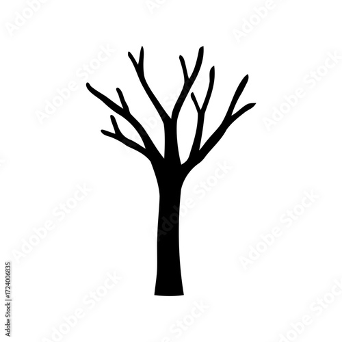 A solitary black silhouette of a leafless tree against a white background