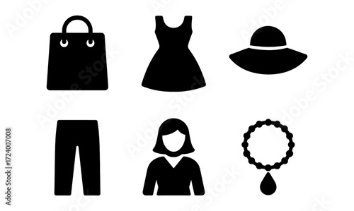 Fashion icon set featuring dress, hat, bag for design and branding
