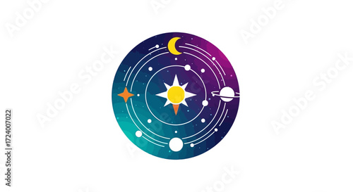 Solar system illustration, planets orbiting the sun, celestial bodies, space exploration, astronomical diagram.