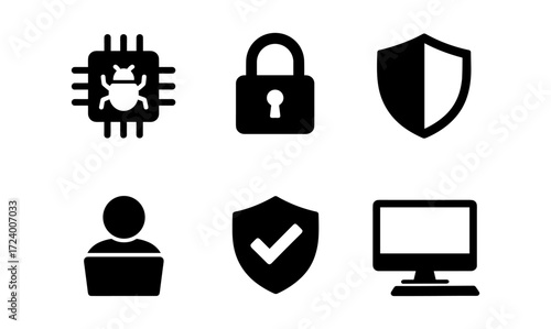 Cybersecurity icon set featuring lock shield bug and computer for digital security design