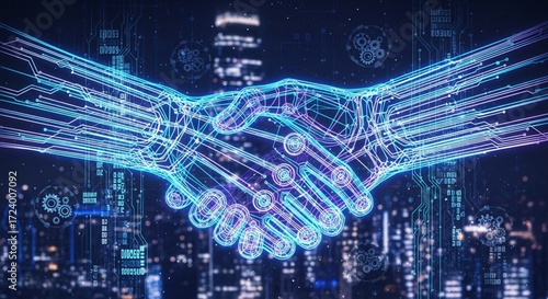 Futuristic Digital Handshake Collaboration Technology Abstract Illustration on Cityscape Backdrop