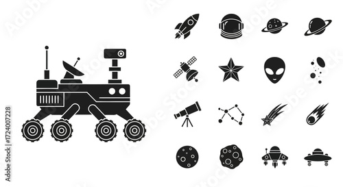Space Exploration Icons - Rover, Rocket, Astronaut, Planets, and More.