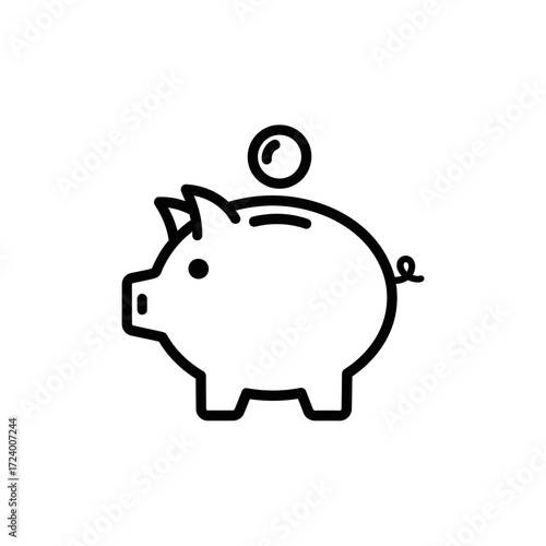 Line art illustration of a piggy bank with a coin on top.