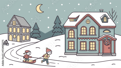 Winter scene with children sledding and houses covered in snow illustration
