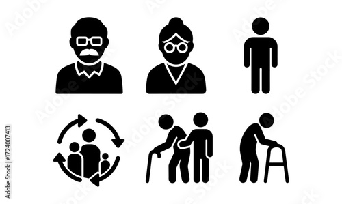 Elderly care and support icons for generational design projects