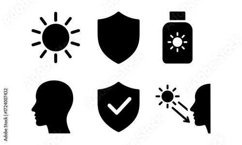 Sun protection essentials icons for summer safety and skincare design projects