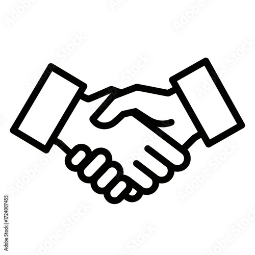 Line art drawing of two hands shaking in agreement.