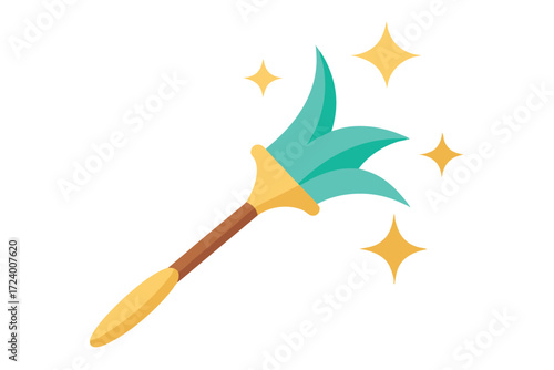 Teal feather duster surrounded by sparkling gold stars creates a clean aesthetic look