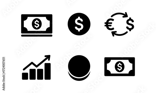 Minimalist financial and currency icon set for digital interfaces and economic applications
