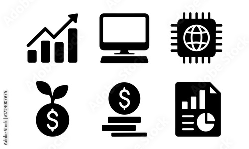 Tech growth and innovation set featuring financial growth and digital connectivity icons for design