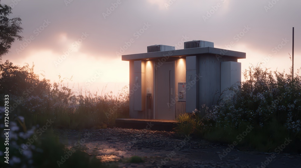 Fototapeta premium Modern Structure in Nature Amidst Tranquil Foggy Surroundings