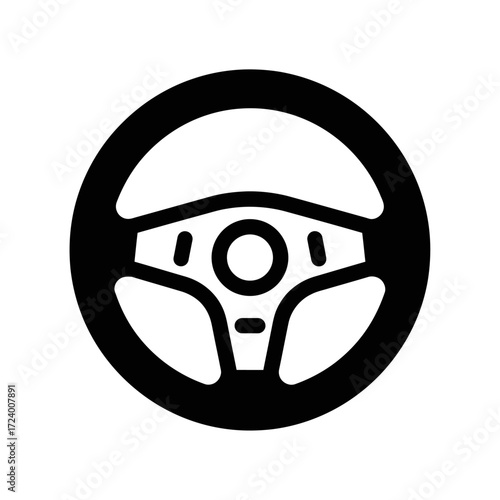 Black and white illustration of a car steering wheel.
