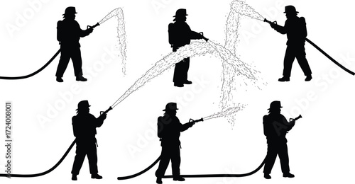 Silhouette firefighters spraying water with hoses in action, emergency rescue teamwork, fire safety illustration, vector concept of firefighting operations