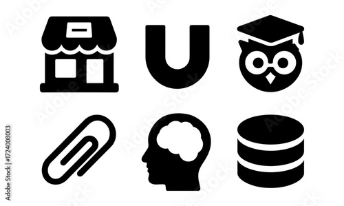 Collection of simple vector icons featuring business, education, and technology symbols for graphic design