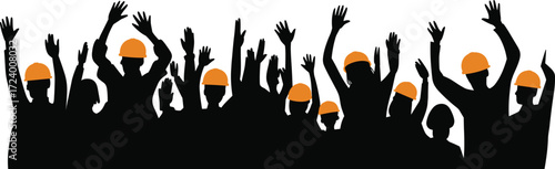 construction workers raising arms in celebration with orange helmets, symbolizing teamwork, unity, labor pride, and industrial achievement in vector style