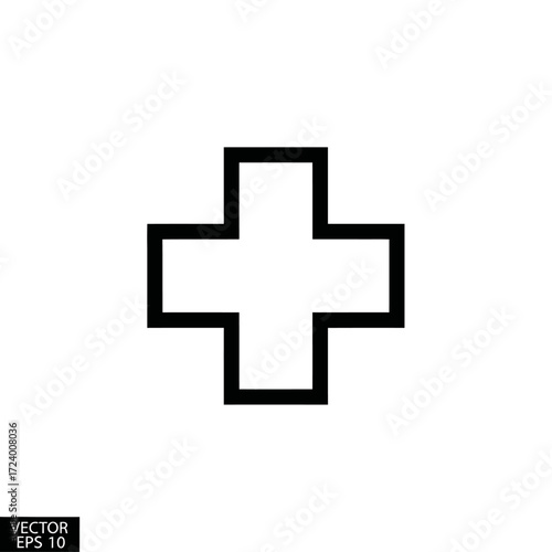Simple black outlined plus sign medical cross icon.