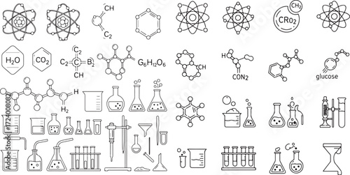 Collection of Chemistry and Science Icons Featuring Molecular Structures and Laboratory Equipment